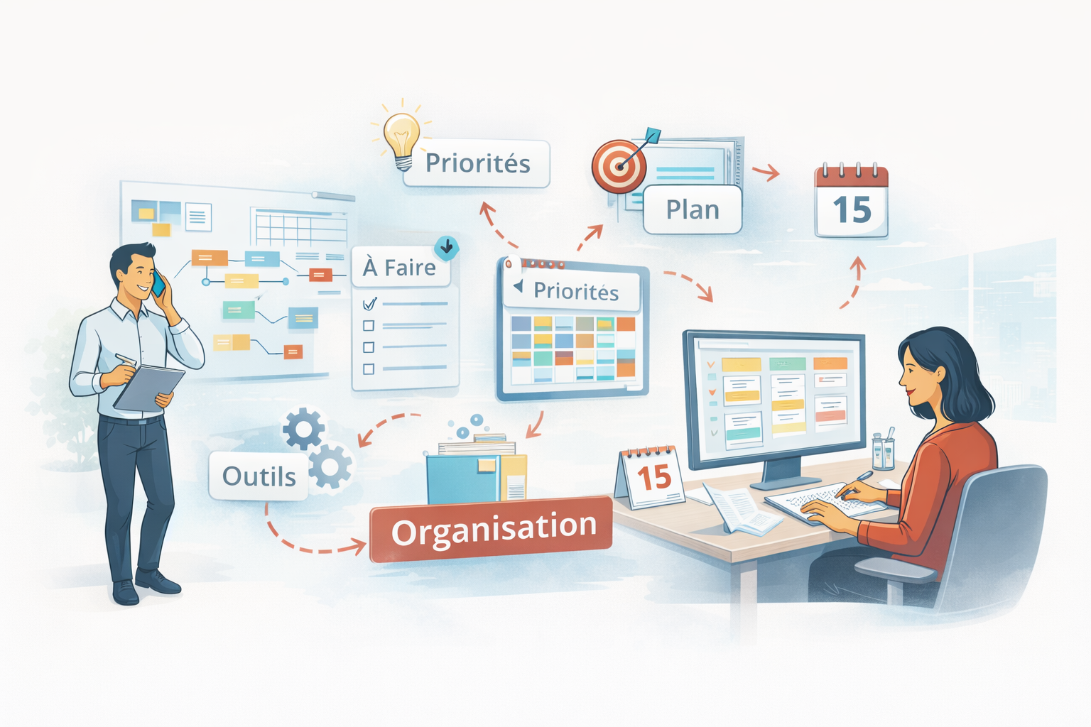 Illustration sobre : organisation du travail, flux et coordination